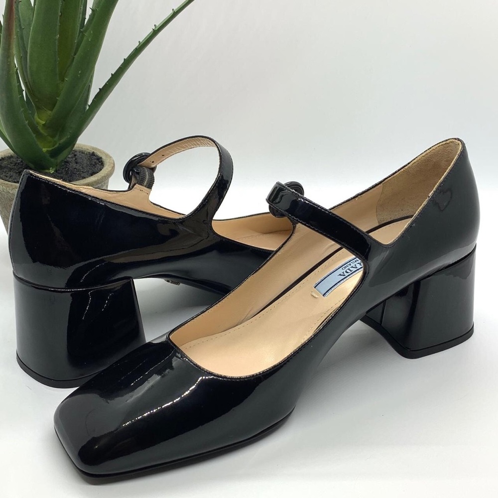 Prada Black Patent Leather Mary Jane Block Heel Sandals